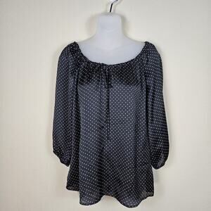 Ann Taylor Polka Dot Blouse 3/4 Sleeve Black White Career Satin Top Tie Womens M